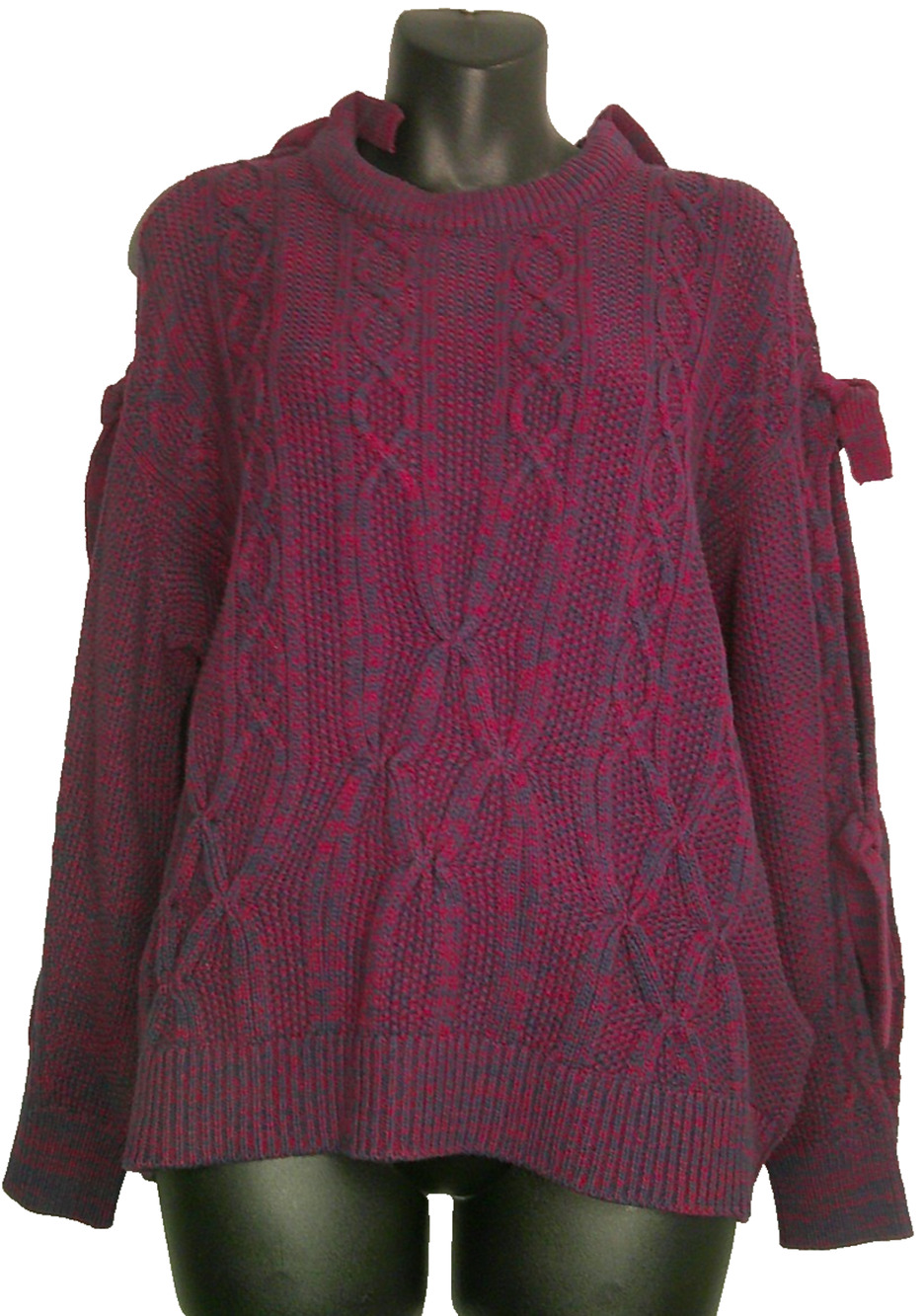 Project Naadam Women's Medium Cold Shoulder Knit Woven Sweater with Tie Sleeves